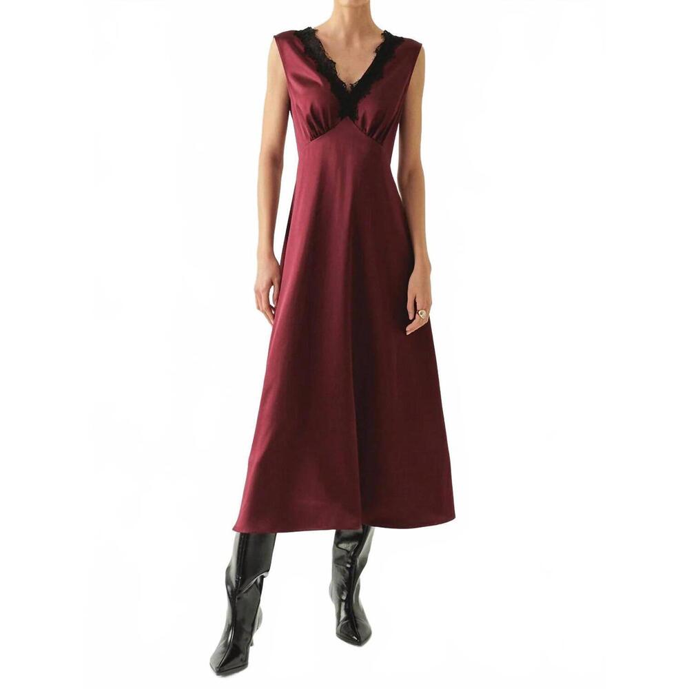 NEW EXQUISE chana dress lace collar satin midi dress in red